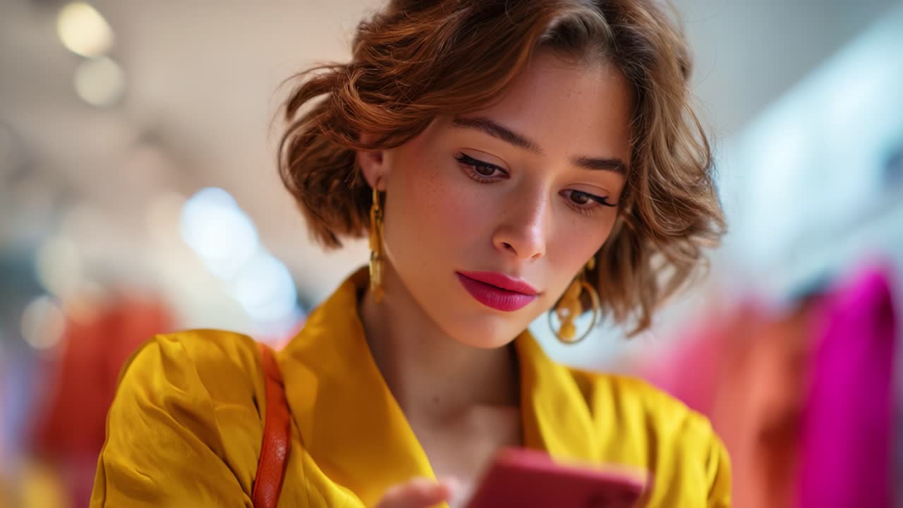 Ritratto accattivante di una donna elegante in abito giallo che utilizza il telefono in un ambiente colorato e alla moda