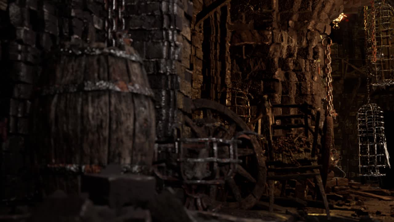Scary dark dungeons with stone walls, old barrels, chains, car wheels, iron doors, and fires, 3D animation camera dolly right