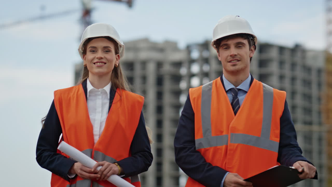 Happy engineers posing construction site holding blueprints smiling closeup