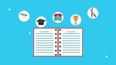 back to school animation with notebook and set icons