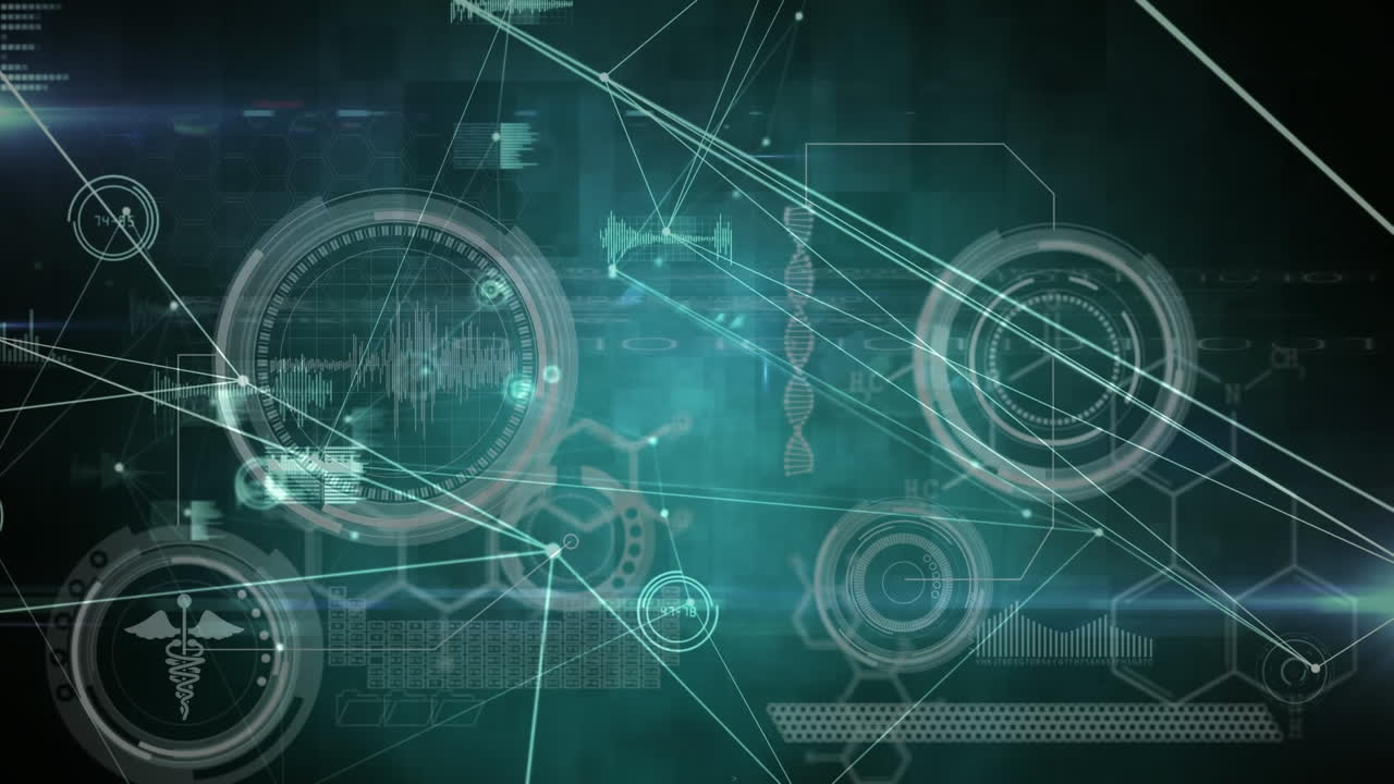 Animation of network of connections over dna strand and medical data processing on screen