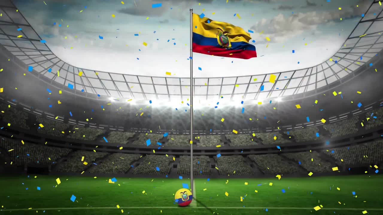 Animazione di coriandoli che cadono sopra la bandiera dell'Ecuador in uno stadio sportivo