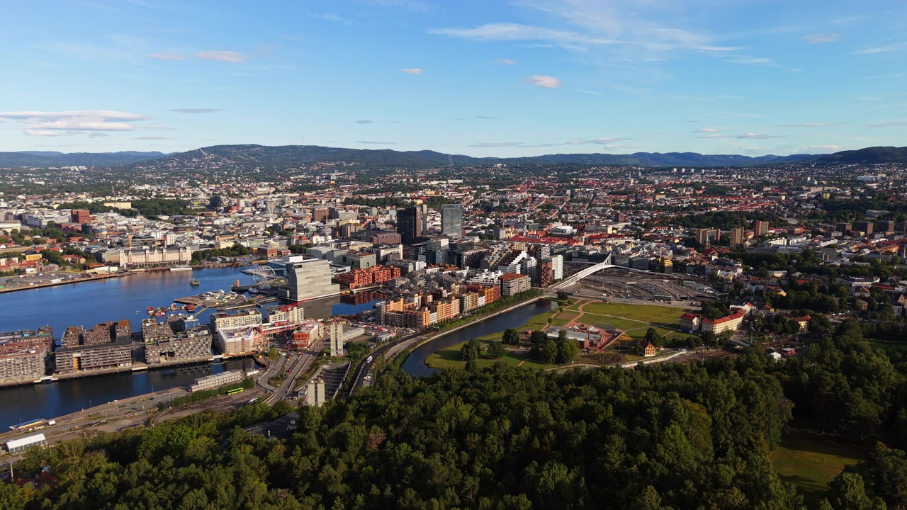 Bewaldeter Hang im Vordergrund, der zu einer hellen Uferpromenade von Oslo und einer dichten Stadtsilhouette an einem klaren Sommertag abfällt.