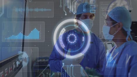 animación del alcance, placa de circuito, procesamiento de datos sobre los cirujanos.