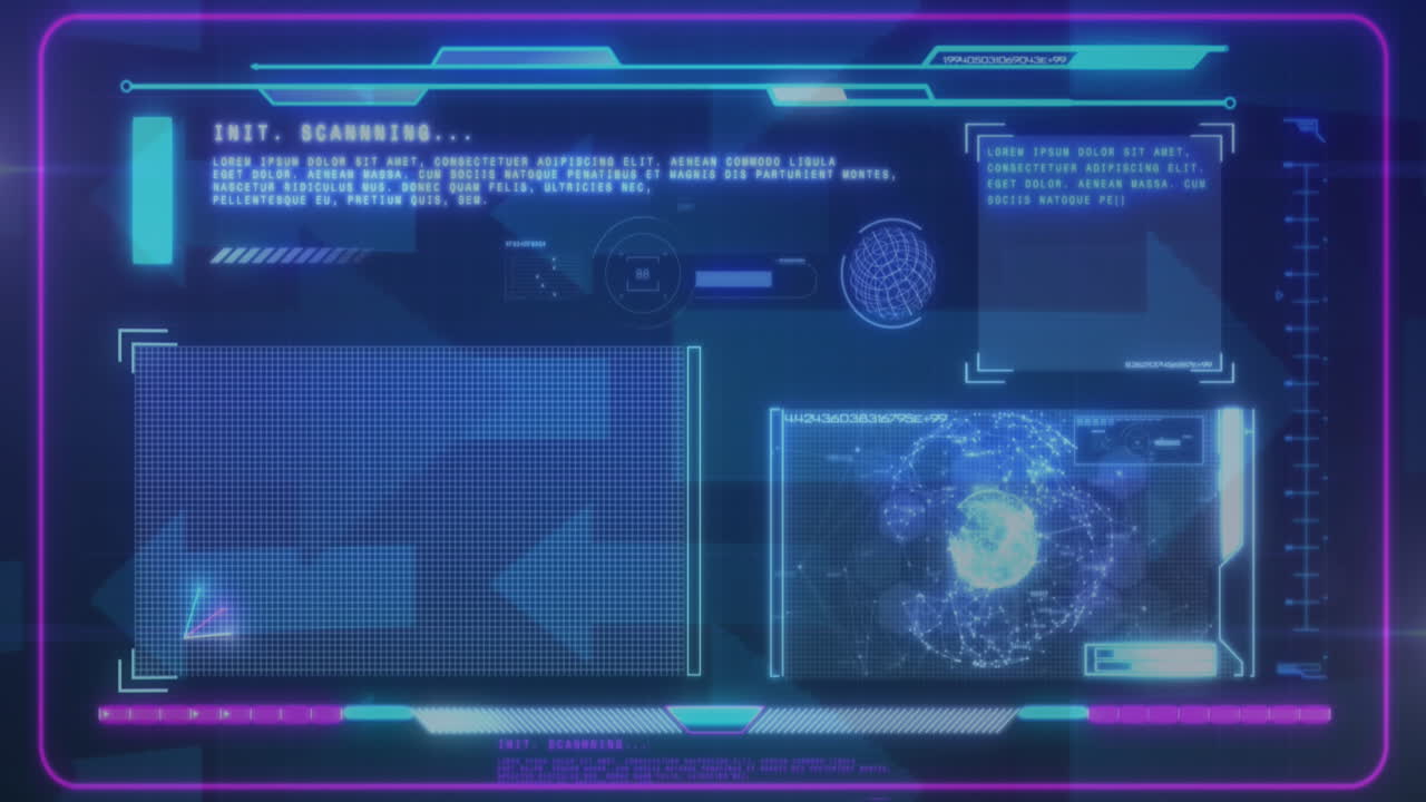 Animation of interface with data processing over multiple arrow icons moving against blue background