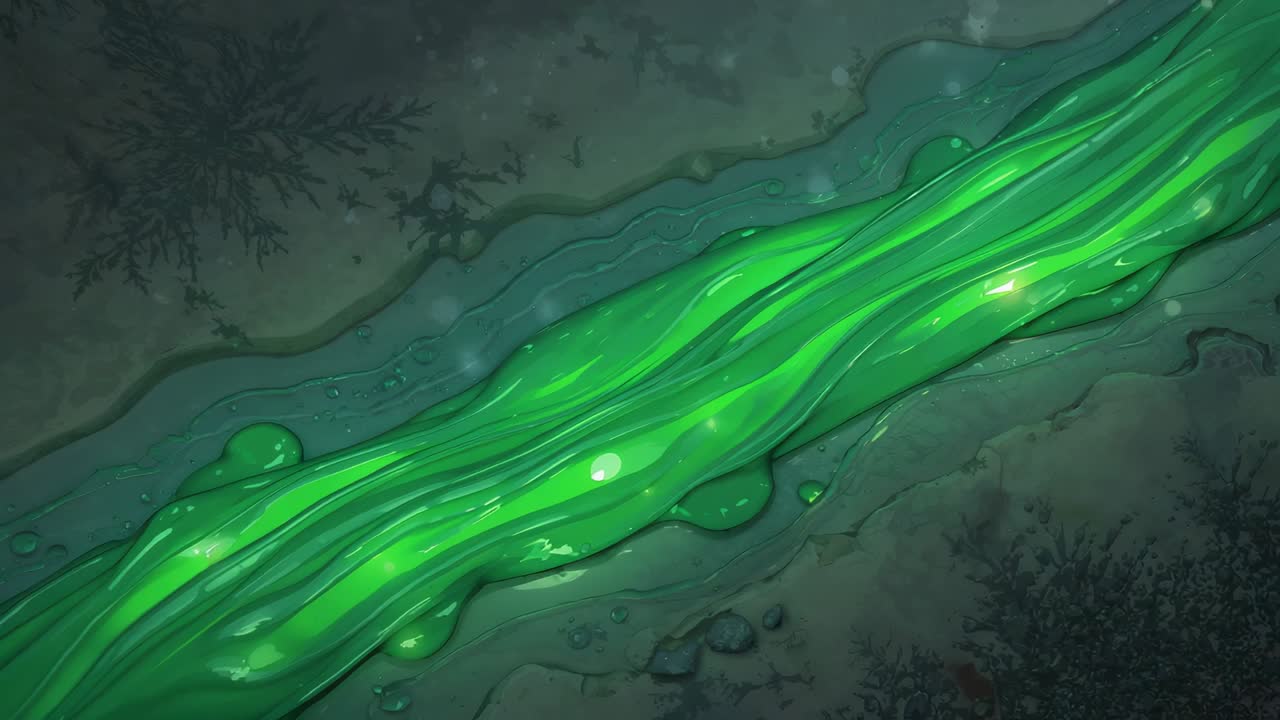 Advancing frames showing neon ribbon sliding diagonal across narrow channel, pulsing droplets