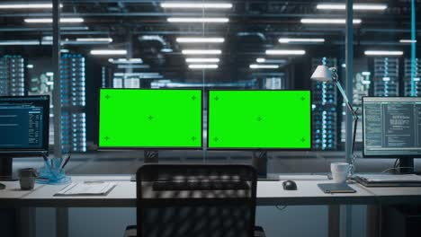 high-tech data center server with two green screen chroma key display showing on personal computer standing on a desk. concept of modern monitoring web services, cloud computing, cyber security