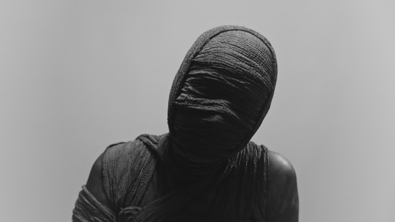 A mummy of a woman on a white backdrop turns her head