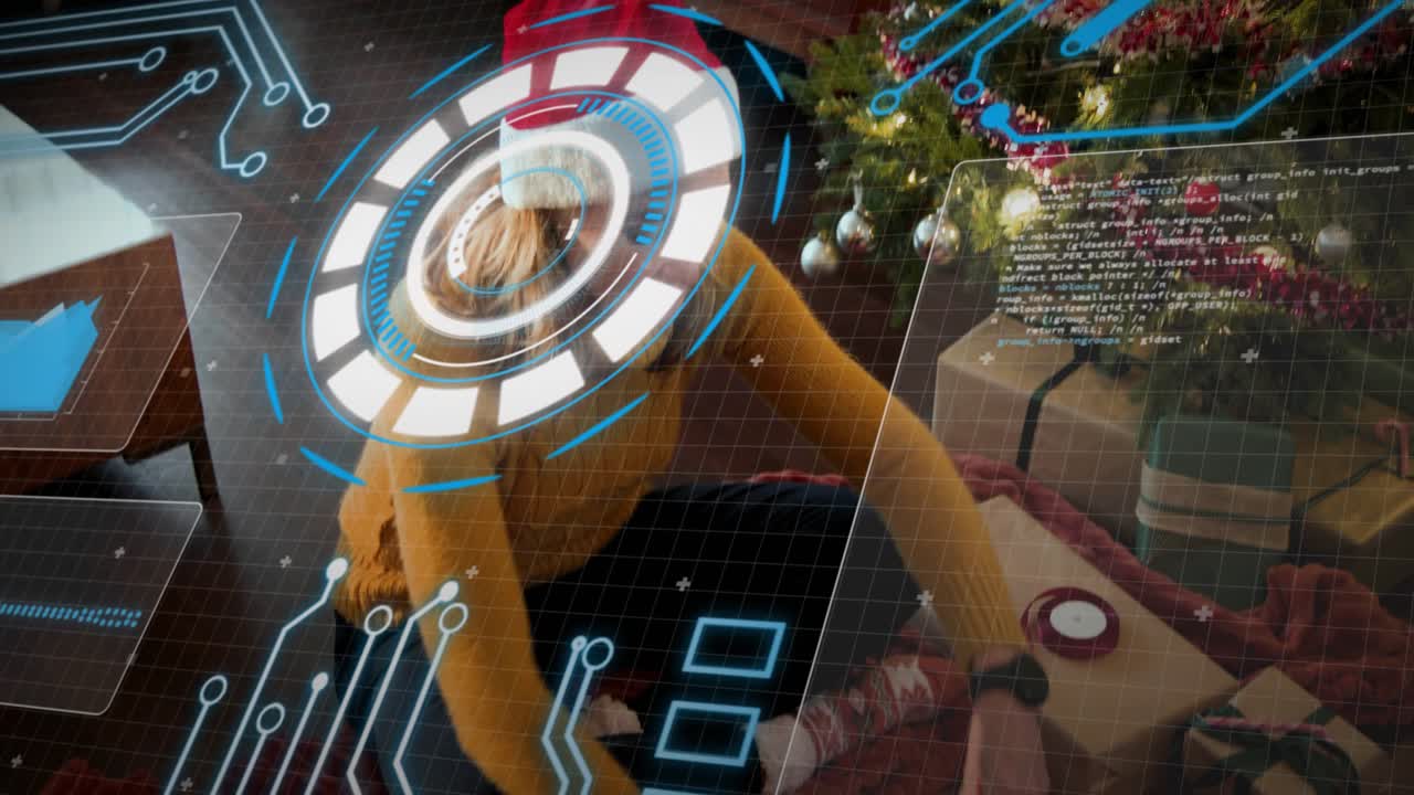 Woman reaching for ribbon, wrapping and placing gifts under Christmas tree tech HUD following hands