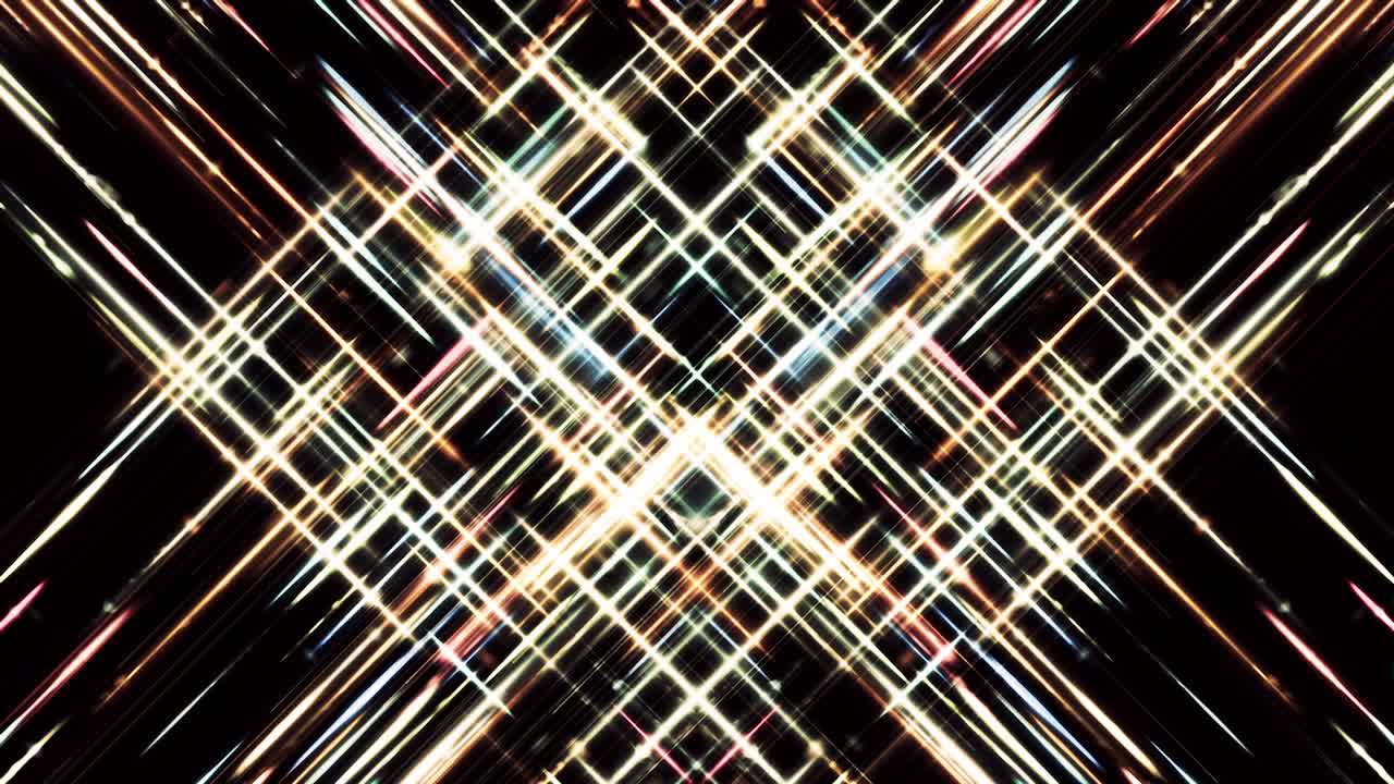 Abstract flows of glowing white and golden segments crossing on black background, seamless loop. Animation. Shining diagonal stripes forming a silhouette of a rhombus.