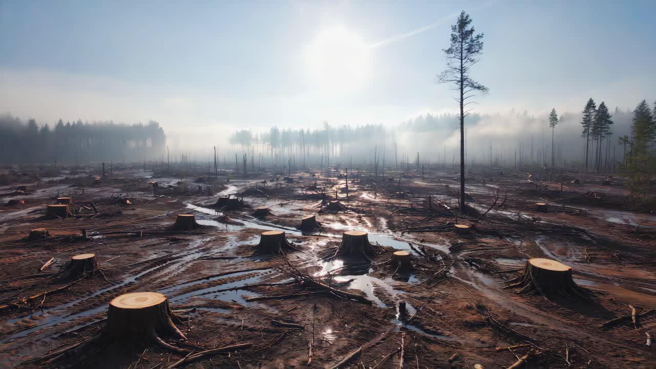 Deforestation Scene with Tree Stumps and Fog