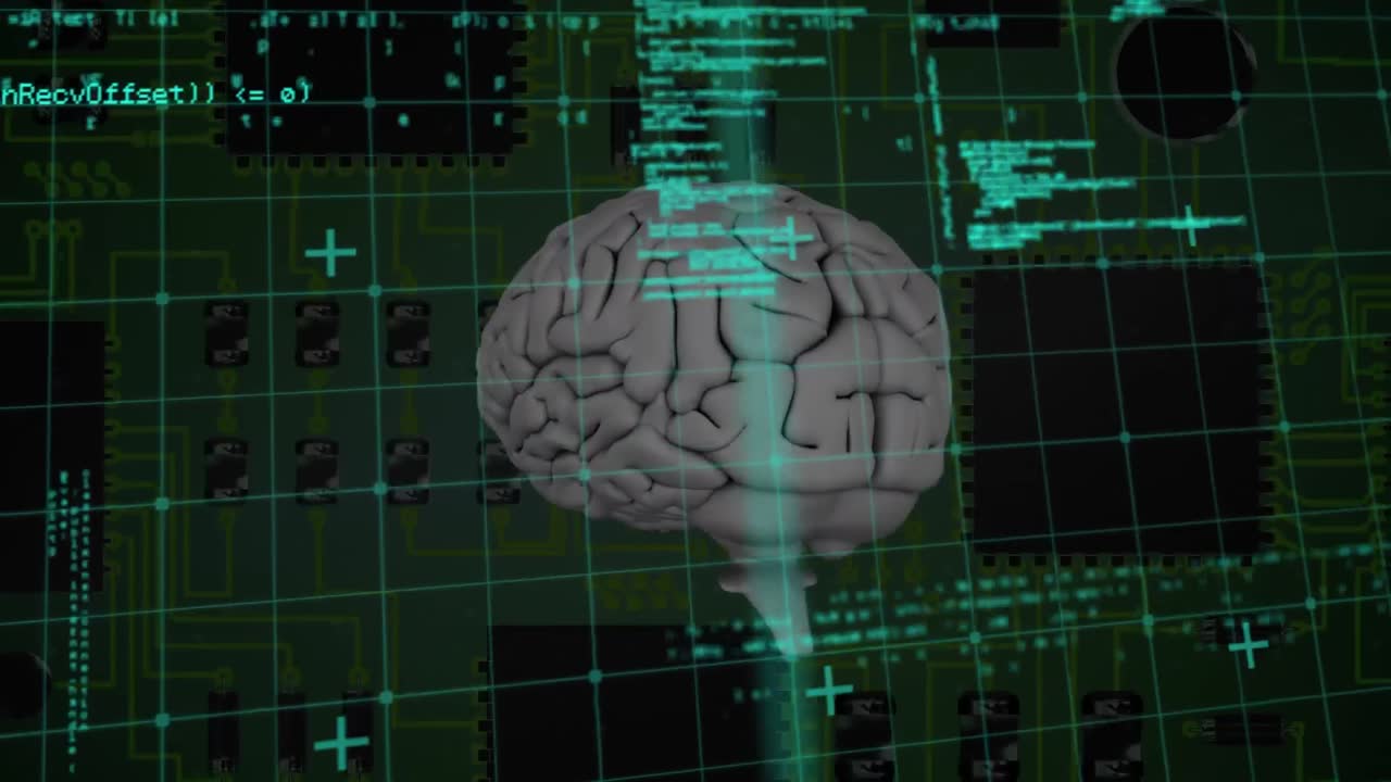 데이터 처리 및 컴퓨팅 보드에 대한 두뇌의 애니메이션