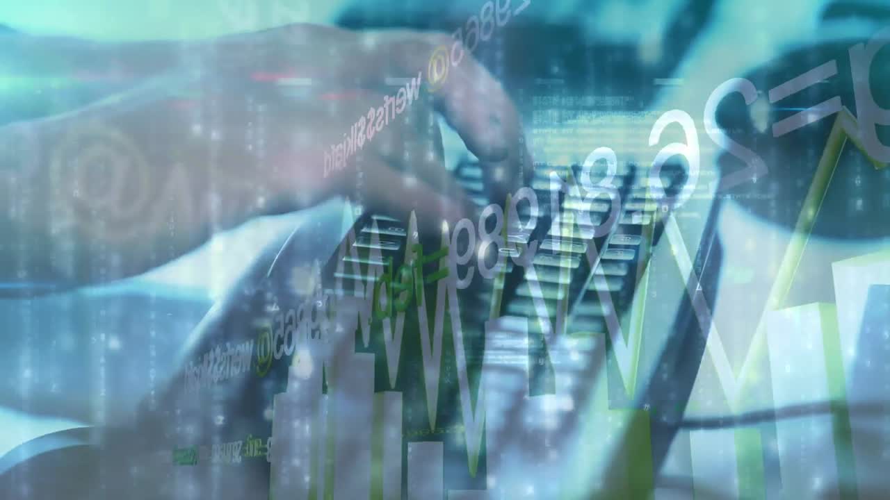 Animation of statistics and financial data processing over person typing on computer keyboard