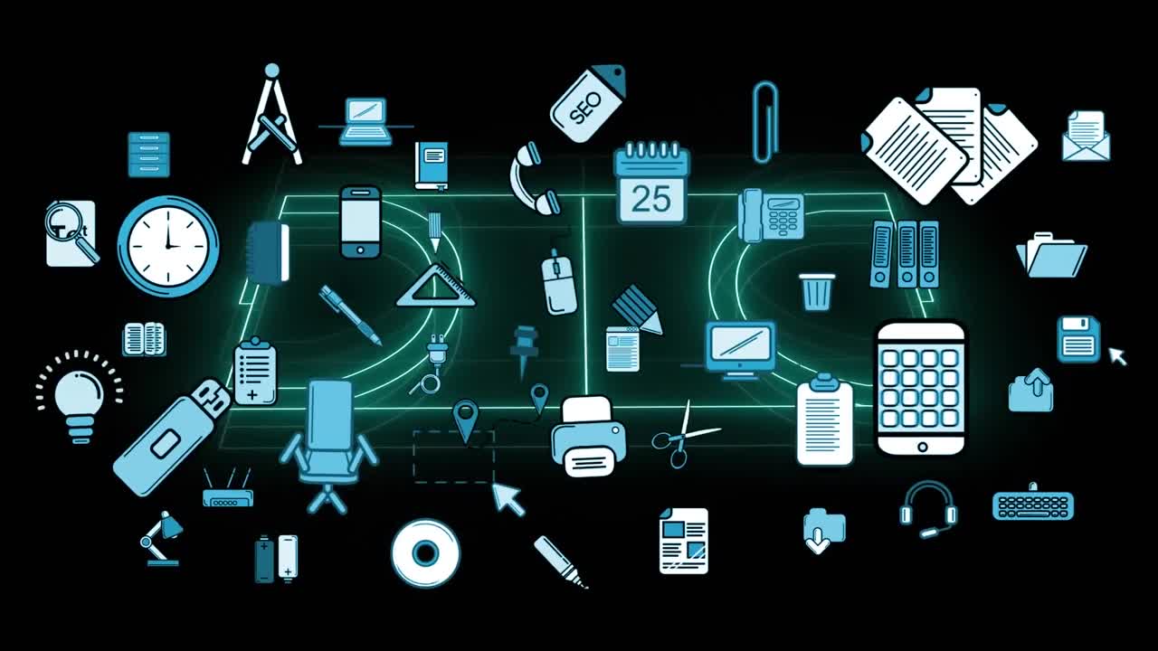 Animation of network of computing and business icons and sports field