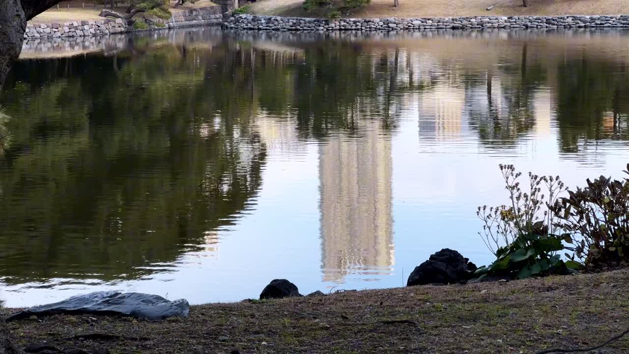 A calm pond in Hama Rikyu Gardens with a building reflected and trees in the background