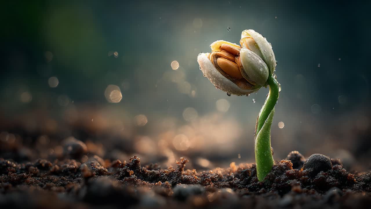 A Close-Up View of a Delicate Seedling Emerging from the Soil, Surrounded by Sparkling Water Droplets, Capturing the Beauty of Nature's Rebirth and Growth
