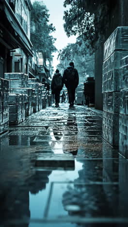 people walking on a wet street lined with stacked boxes