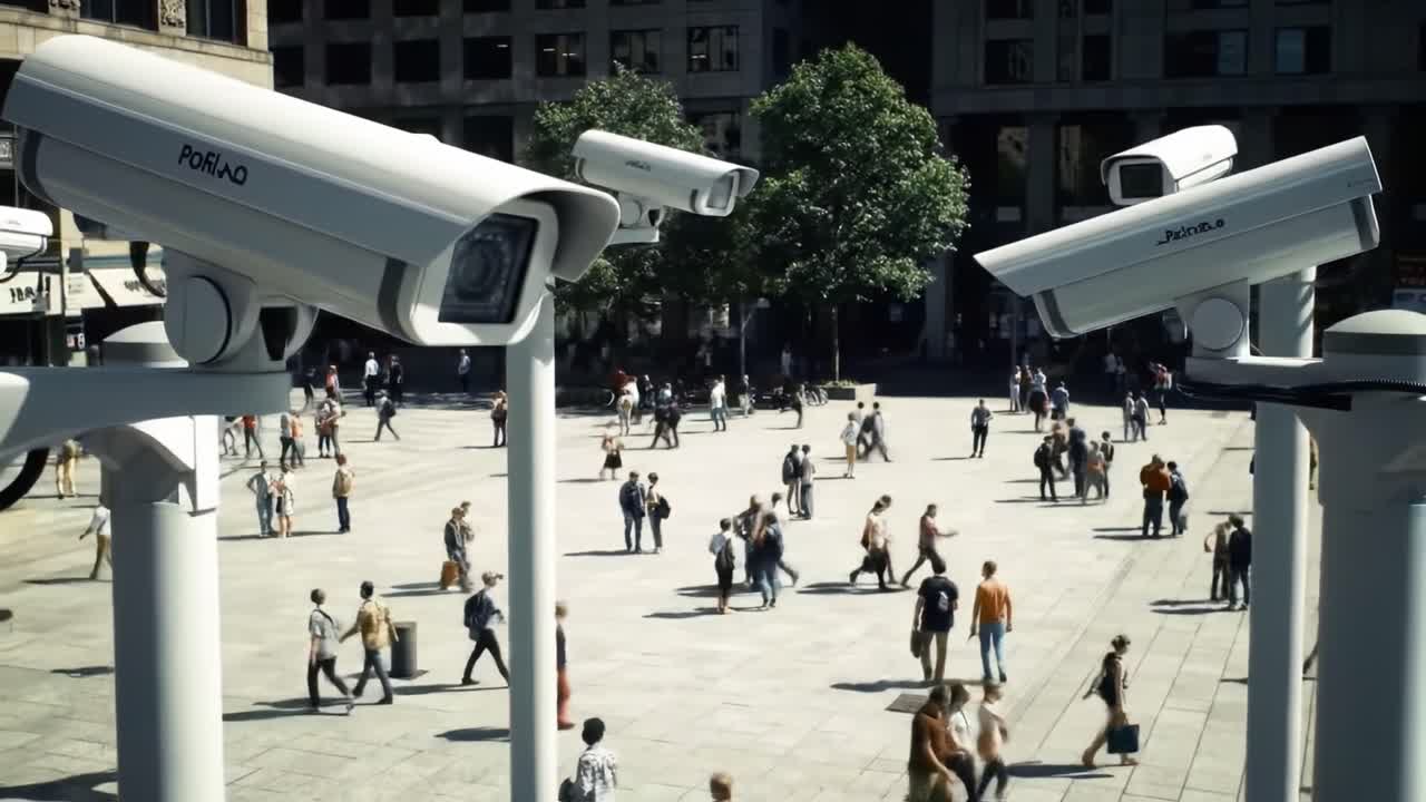 A Busy Urban Environment Under Surveillance: CCTV Cameras Overlook a Crowded Plaza Filled with People Engaging in Various Activities and Interactions