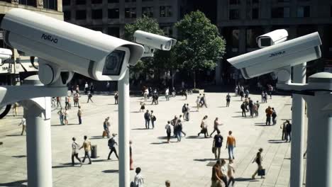 a busy urban environment under surveillance: cctv cameras overlook a crowded plaza filled with people engaging in various activities and interactions
