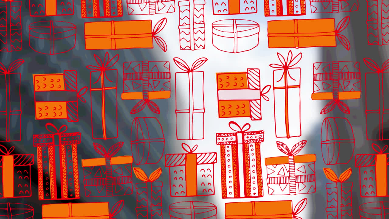 여러 개의 크리스마스 선물 아이콘이 높은 건물을 배경으로 있습니다.