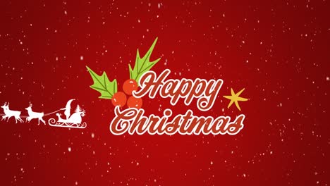 Animation-of-christmas-greetings-text,-santa-claus-in-sleigh-with-reindeer-with-snow-falling