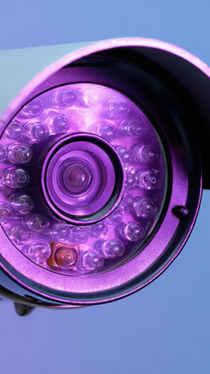 Close-Up of a Modern Security Camera Lens Illuminated with Purple LED Lights, Showcasing Advanced Surveillance Technology and Design Features
