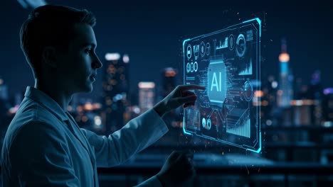 an innovative scientist actively explores and interacts with groundbreaking ai technology amidst a bustling, vibrant urban landscape under the enchanting glow of the night sky