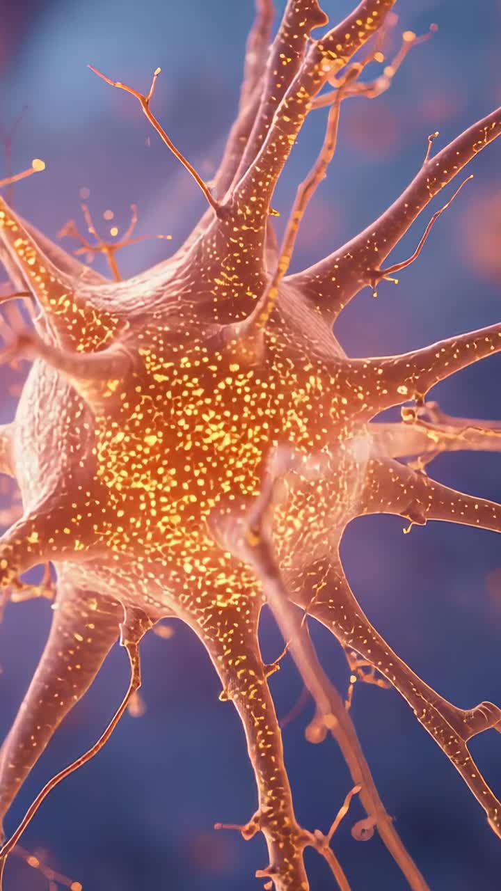 Video verticale: Telecamera che zooma rivelando un neurone in simulazione di laboratorio per i dettagli, mostrando punti luminosi.