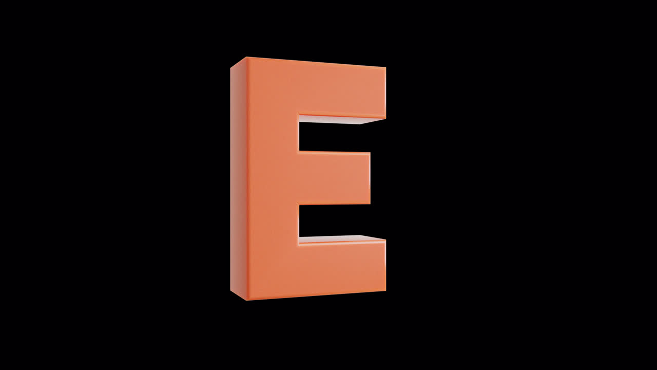 Lettera E arancione 3D rotante su sfondo nero.