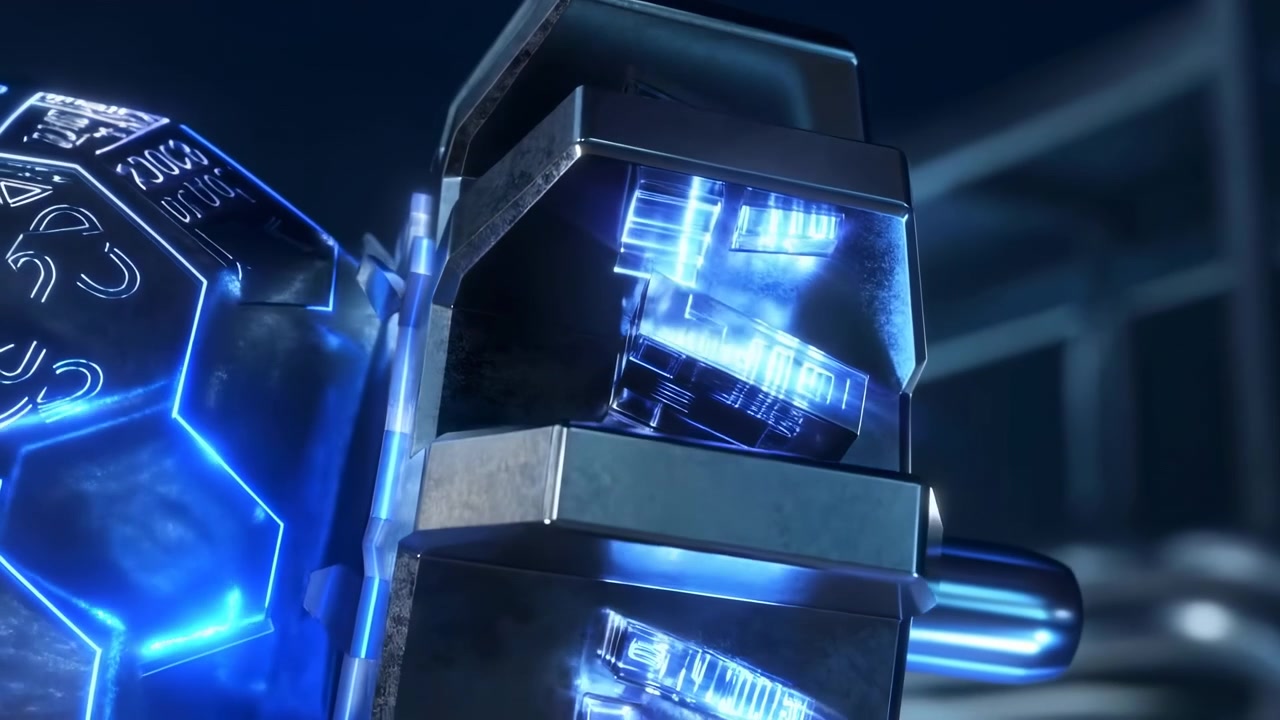 Close-up view shows shifting metallic components as bright blue light moves across reflective surfaces, clear panels, and a cylindrical shaft within a dark machine setting.