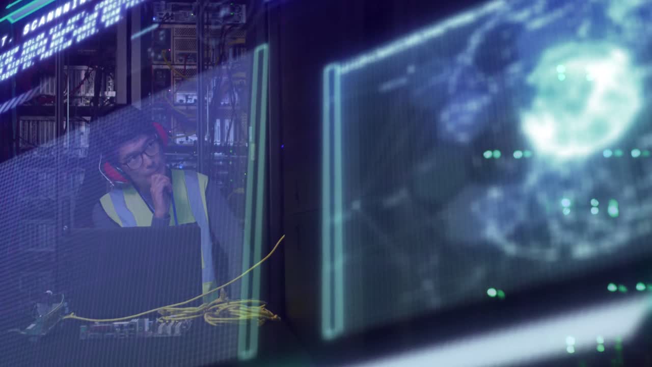 Animation of data processing over asian male worker in server room