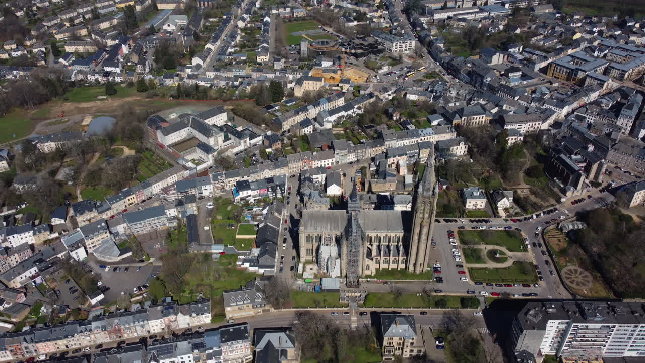 Aerial view of a Belgian town with a cathedral