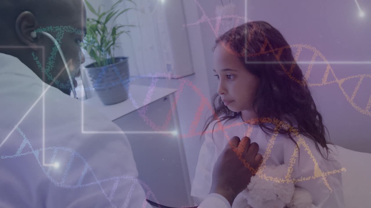 아프리카계 미국인 남성 의사와 소녀 환자에 대한 데이터 처리 애니메이션