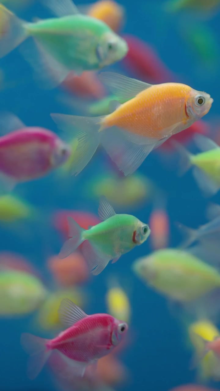 Banco de peces tetra fluorescentes de colores nadando en un acuario