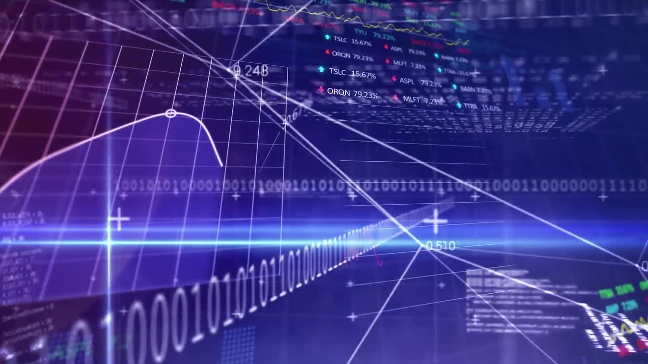 Animation of computer language, binary codes, trading board and graphs