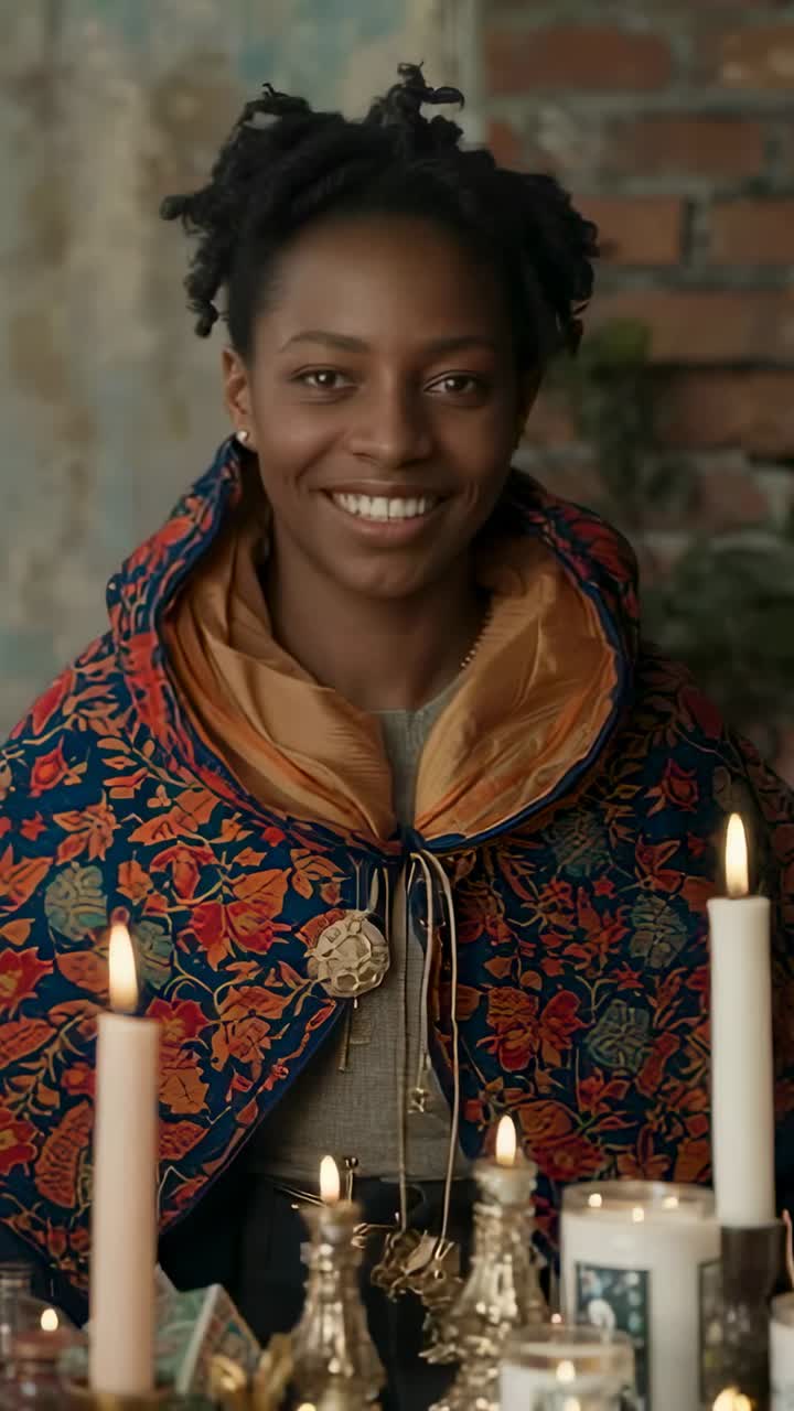 Vertical video: Blinking and tilting head, Black woman wearing cape among candles on table at home