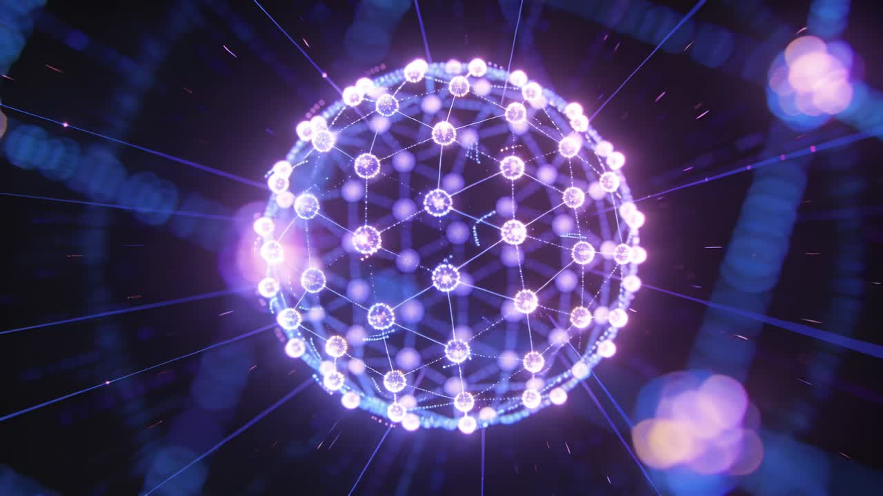 Sfera a griglia rotante con nodi pulsanti in zoom che emettono fasci, con effetto bokeh fluttuante in un vuoto scuro e vibrante.