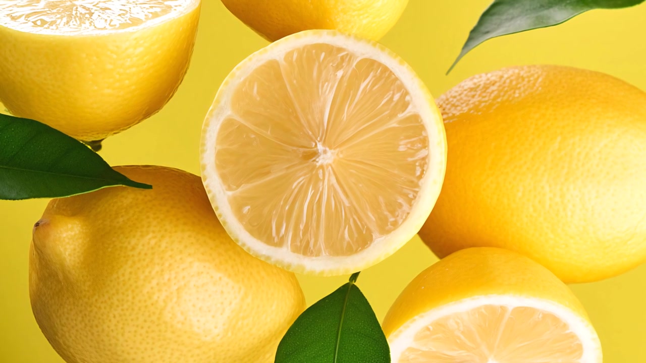 Limoni freschi e fette di agrumi su uno sfondo giallo