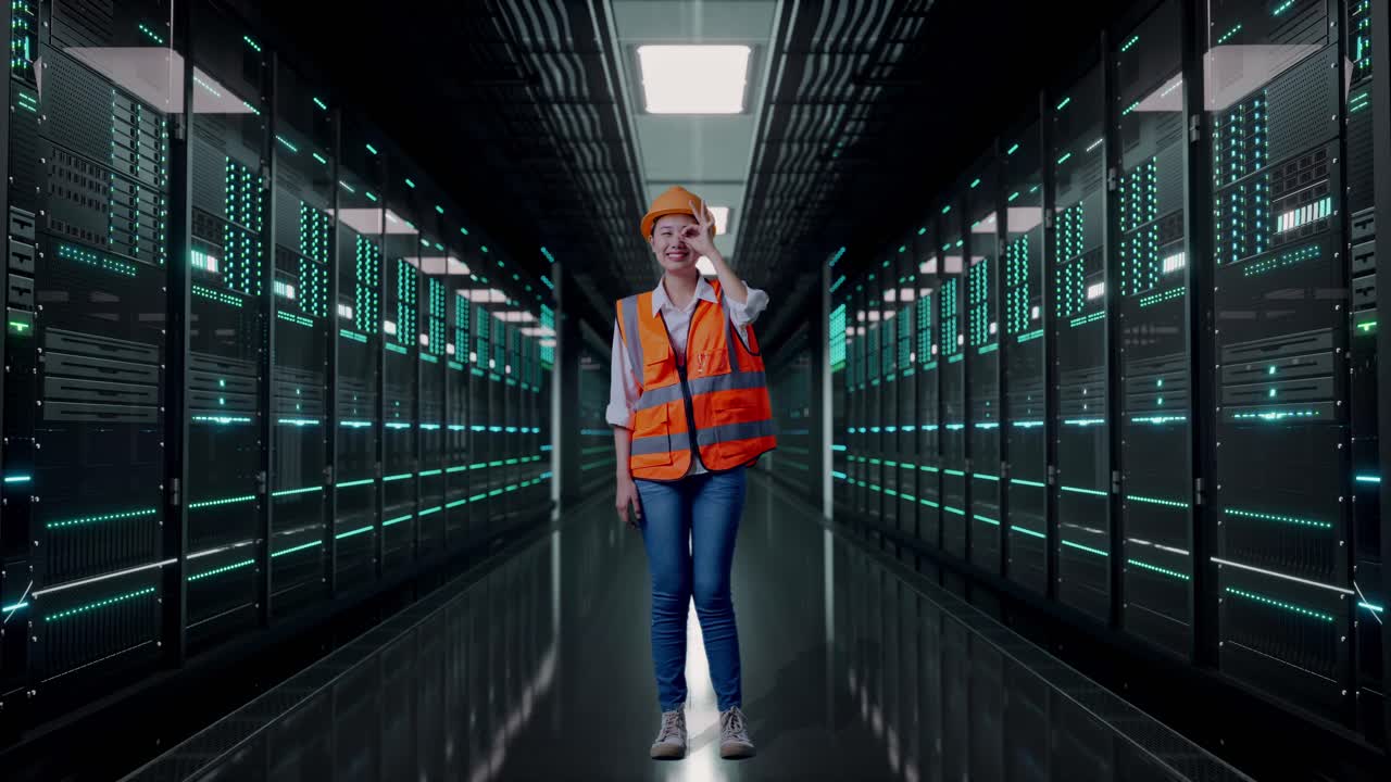 Full Body Of Asian Female Engineer With Safety Helmet Showing Ok Hand Sign Over Eye And Smiling To Camera While Standing in Server Room Data Center