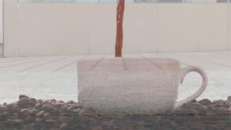 animación de personas caminando sobre una taza de café