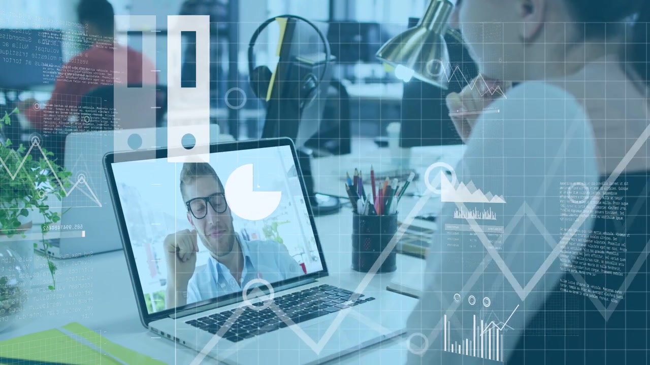Woman watching laptop, man speaking causing cloud and charts moving toward her desk for business