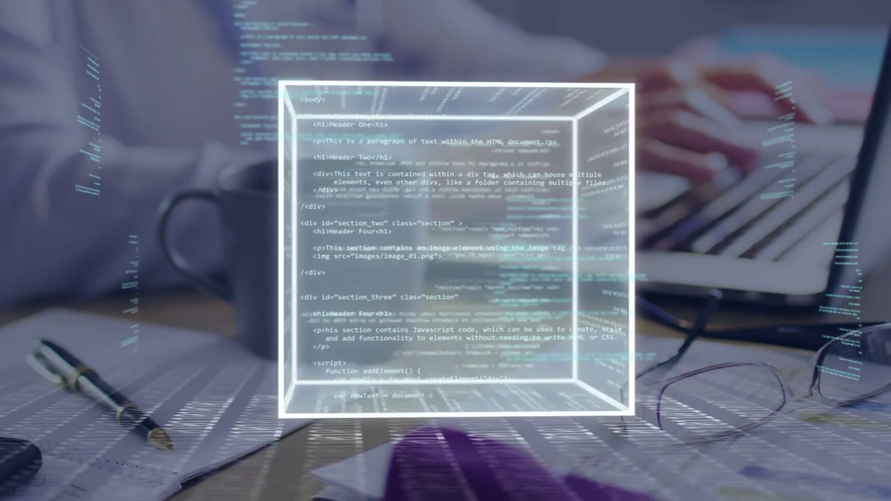 Mature woman typing on laptop, activating 3D cube scaling, rotating, displaying code for tech demo