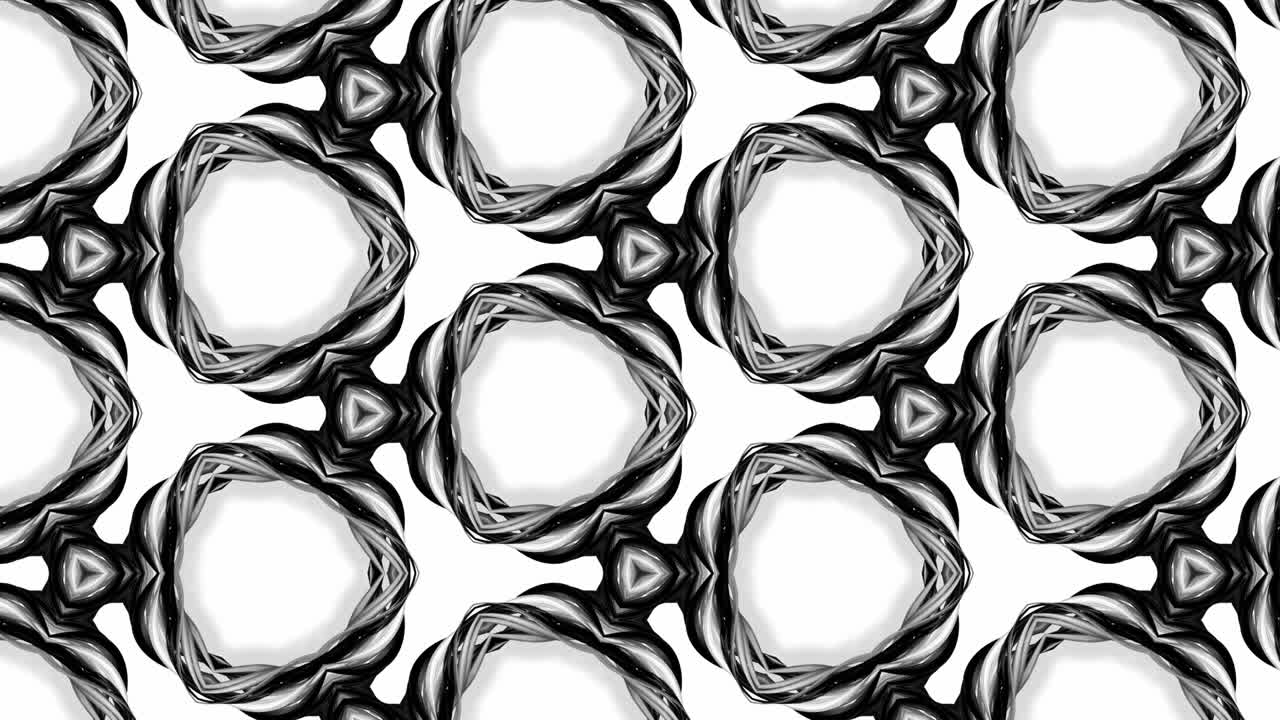 animación en bucle sin costuras de 4k de patrón en blanco y negro con cintas son retorcidas y forman estructuras circulares complejas como patrón de adorno simétrico o caleidoscópico