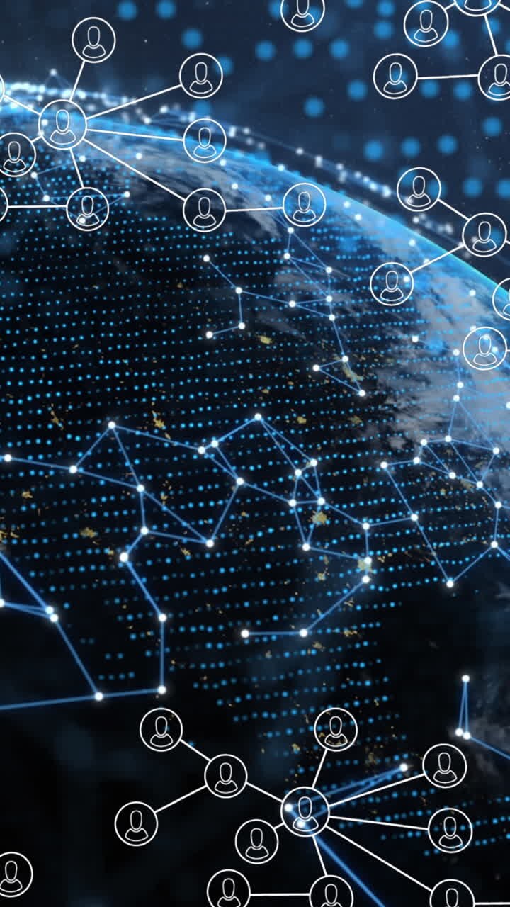 Animation of network of connections with people icons over globe