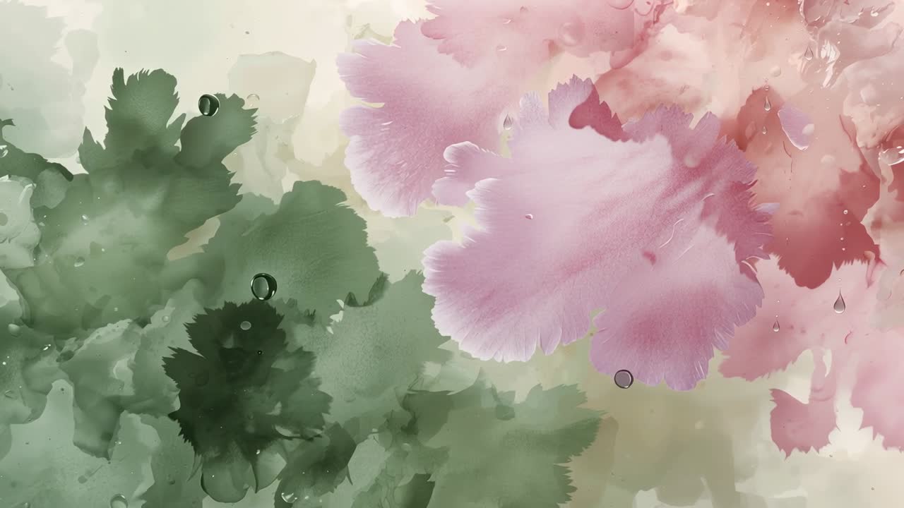 Wetting textured paper causing green pink blooms spreading, merging, droplets shining on pools