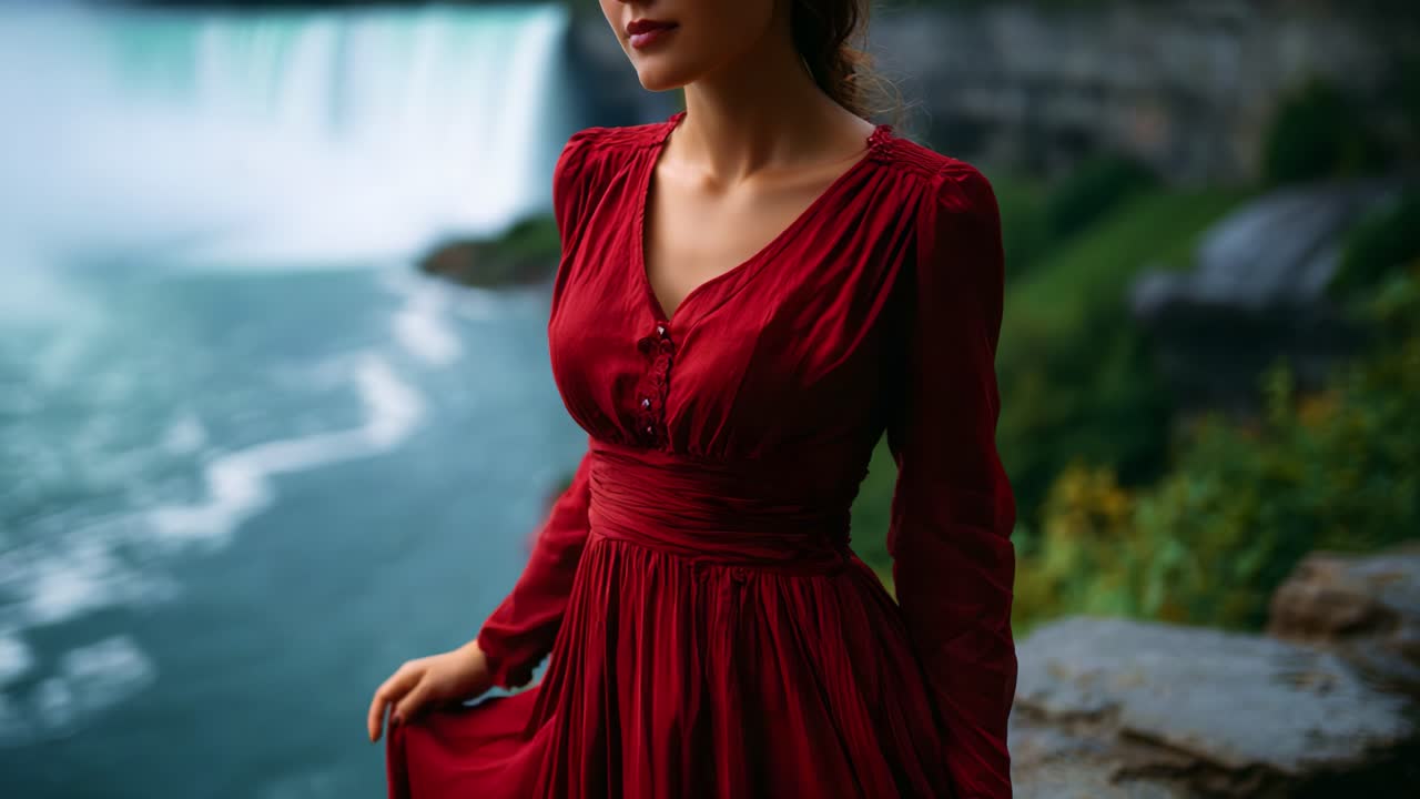 Una donna con un abito rosso ampio si erge con grazia vicino a una maestosa cascata, catturando la bellezza della natura e l'eleganza della moda in perfetta armonia