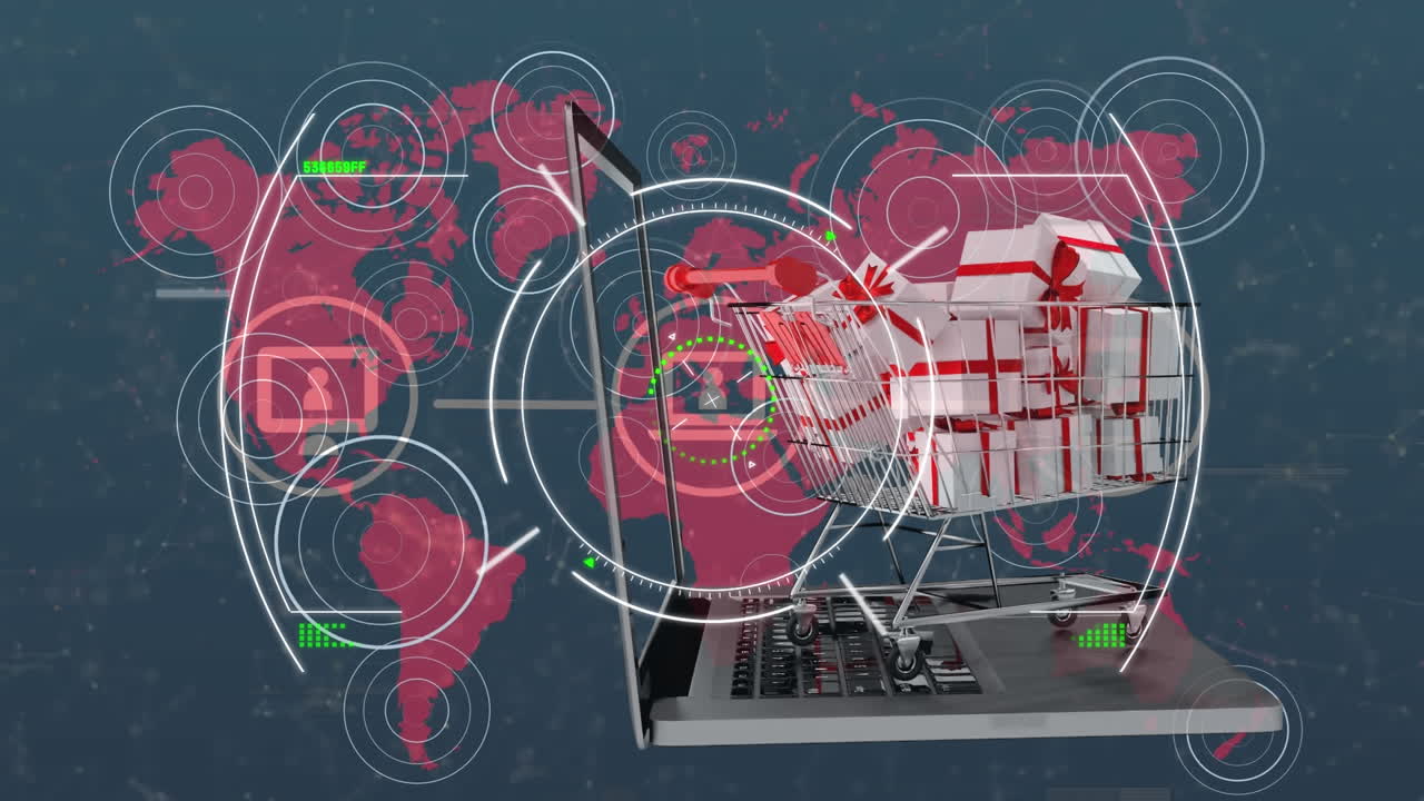 animación del escaneo del alcance sobre el carrito de compras y la computadora portátil