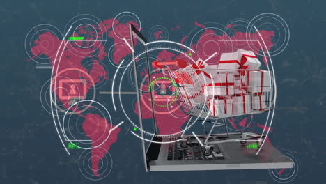 animación del escaneo del alcance sobre el carrito de compras y la computadora portátil
