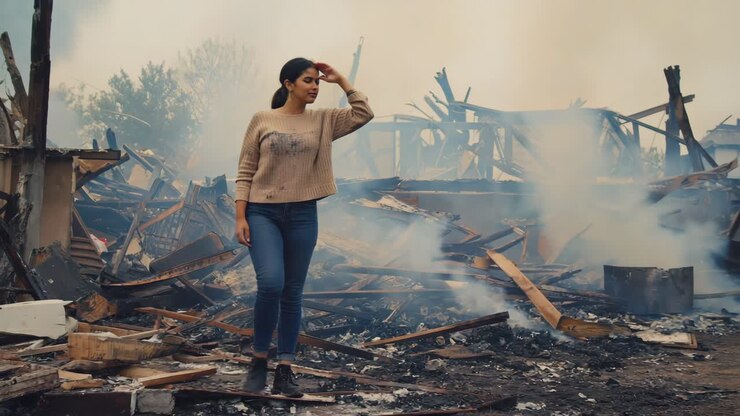 Woman standing in the aftermath of a fire