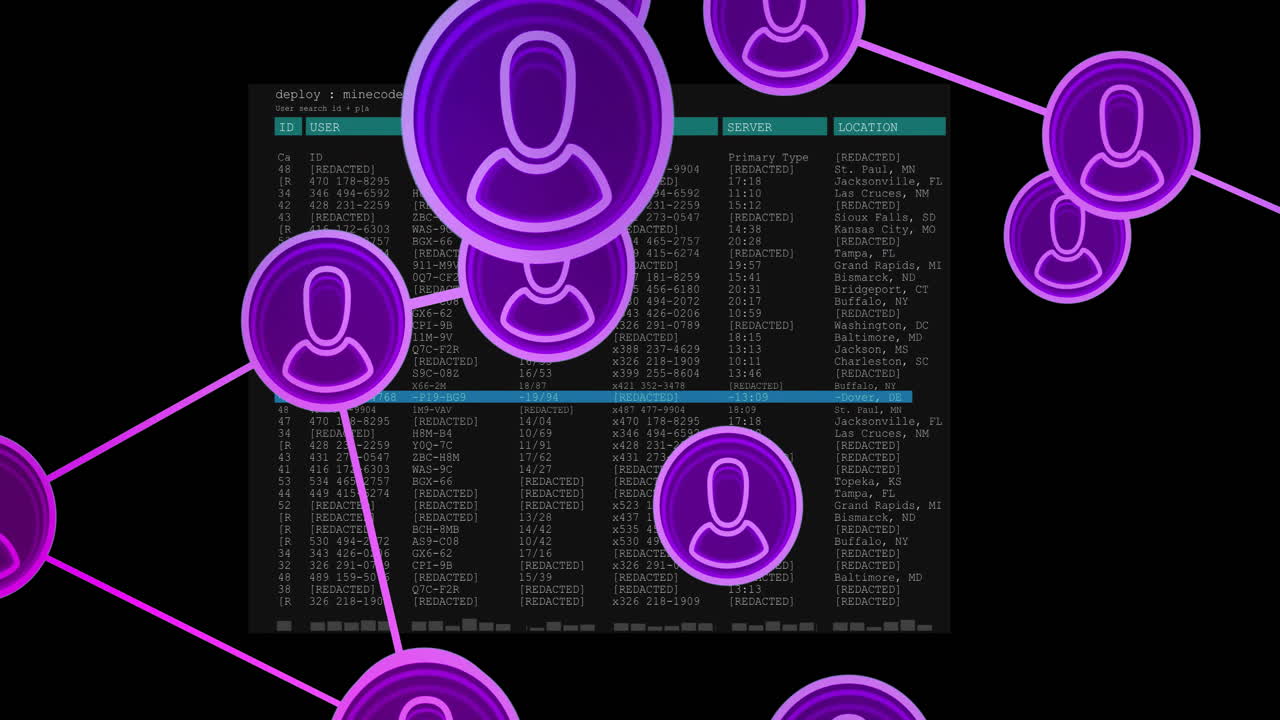 animación de la red de iconos de usuario a través de código informático y tabla de datos